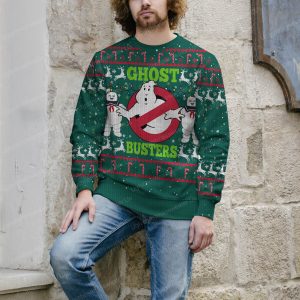 A Green Ugly Christmas Sweater With Ghostbusters On It