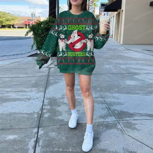 A Green Ugly Christmas Sweater With Ghostbusters On It