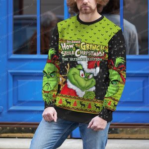 Cute Green Grinch Face Christmas Sweater Snow Pattern