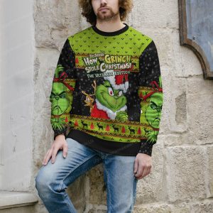 Cute Green Grinch Face Christmas Sweater Snow Pattern