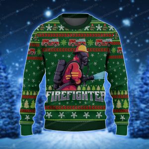 Firefighter Mascot Logo Vector Christmas Sweater Green And Red 1 - Uglychristmassweater.us