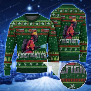 Firefighter Mascot Logo Vector Christmas Sweater Green And Red