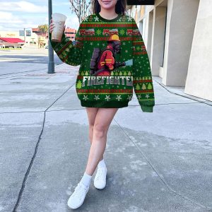 Firefighter Mascot Logo Vector Christmas Sweater Green And Red