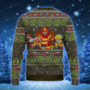 Hero Firefighter Christmas Sweater Vector Fire Truck Silver And Green Color