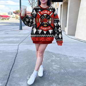 Red Fire Department Badge Christmas Sweater Red And Black