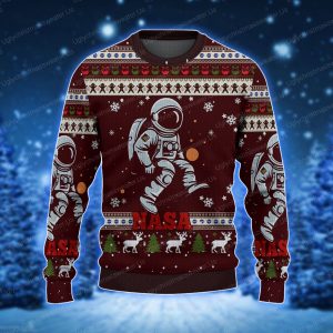 Red And White With Nasa ElementsLogo Rocket Astronaut And Quirky Christmas Ugly Sweater